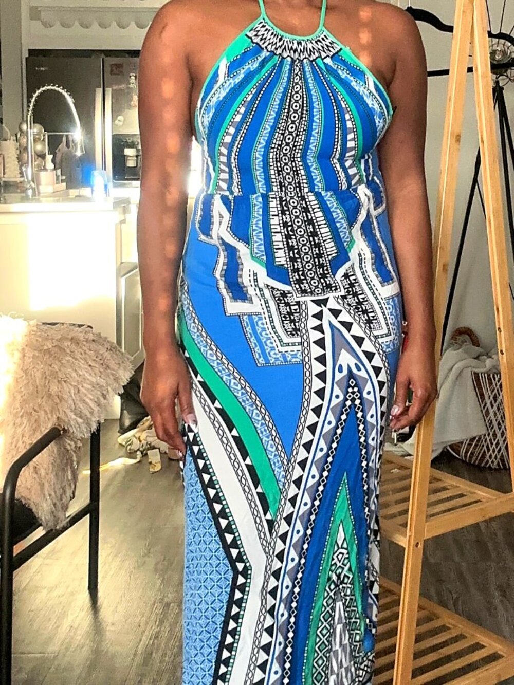 Blue Printed Halter Maxi Dress